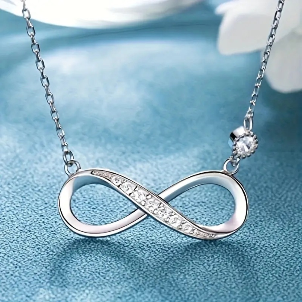 New Sterling Silver White Sapphire Infinity Design Chain Minimalist Necklace - Picture 14 of 14